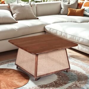 Earthly Wooden coffee table | Square coffee table with wooden top & cane base