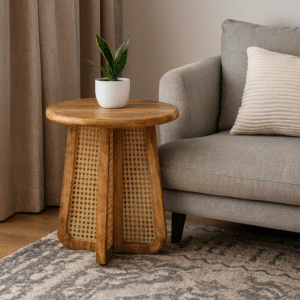 WOODKALAKAR Handcrafted Round Wooden Side Table with Cane Weaving