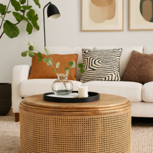 WOODKALAKAR Handcrafted Round Cane Coffee Table