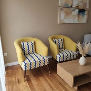 Modern Yellow Accent Lounge Chairs with Zig-Zag Pattern – Premium Teak Legs (Set of 2)