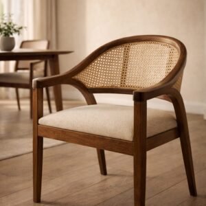 Teak Wood Dining Chair with Natural Cane Back | Upholstered Beige Seat | Solid Wood Arm Chair for Dining & Living Room