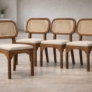 Woodkalakar Set of 4 pair Solid Sheesham Wood Dining Chair with Cane Backrest & Cushioned Seat | Handcrafted Wooden Chair for Dining & Living Room | Natural Finish