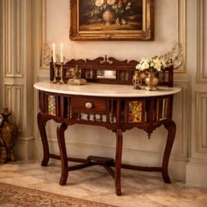 Woodkalakar Vintage Teak Wood Console Table with Marble Top | Handcrafted Entryway / Hallway Table with Drawer & Decorative Floral Glass Panels | Wooden Console Table for Living Room, Foyer & Hallway