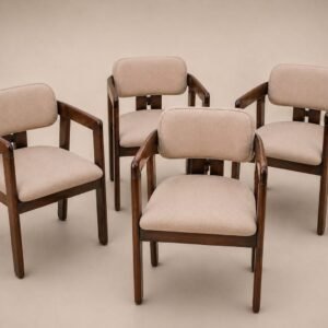 Woodkalakar Set of 4 Solid Teak Wood Chairs with Armrests | Premium Beige Upholstered Dining & Lounge Chair Set
